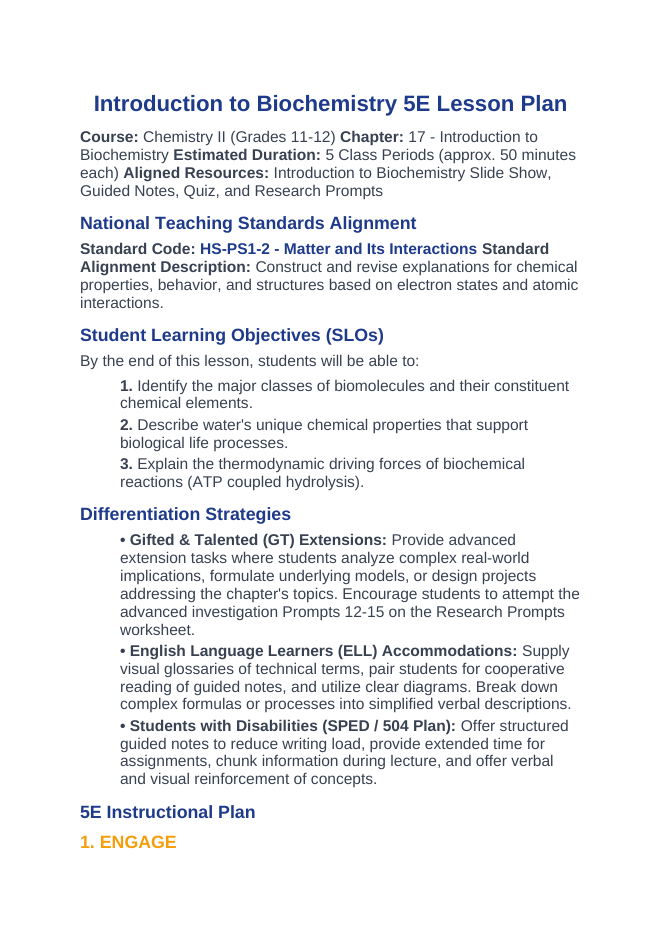 Introduction to Biochemistry 5E Lesson Plan sample page