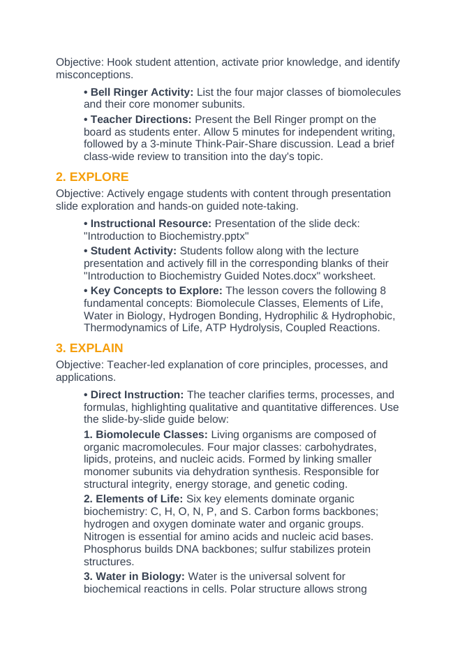 Introduction to Biochemistry 5E Lesson Plan sample page