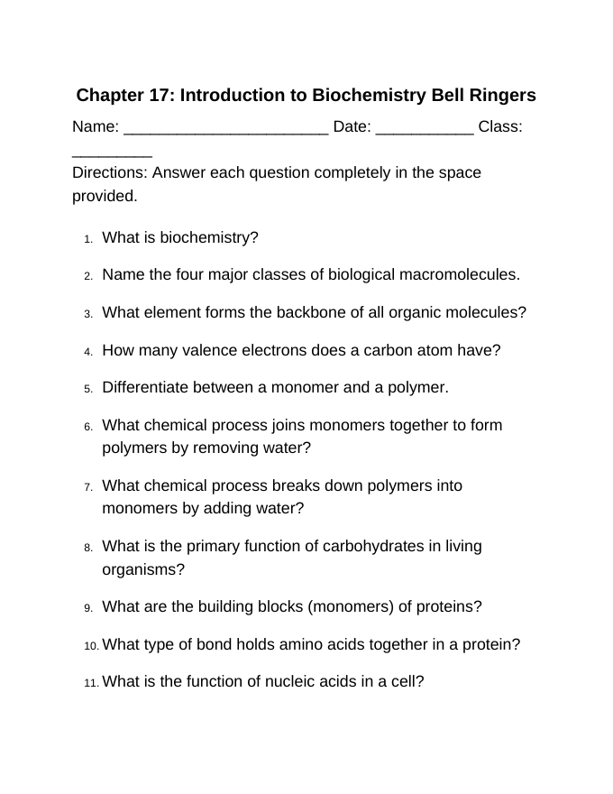 Introduction to Biochemistry Bell Ringers & Exit Tickets sample page