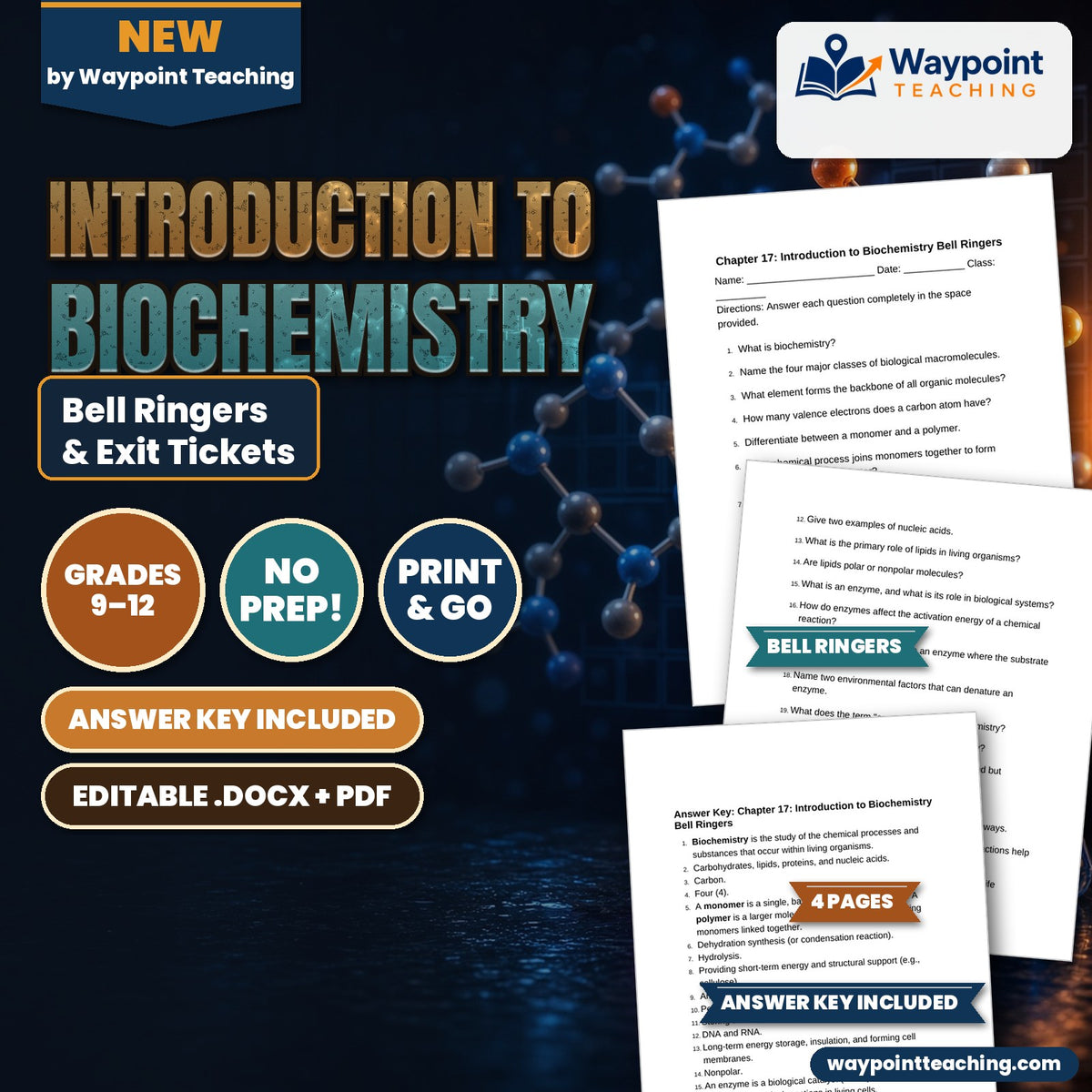 Introduction to Biochemistry Bell Ringers & Exit Tickets cover