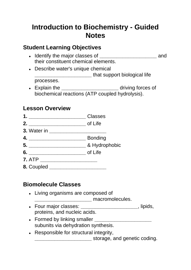 Introduction to Biochemistry Guided Notes sample page