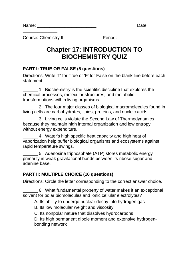 Introduction to Biochemistry Lesson Quiz sample page