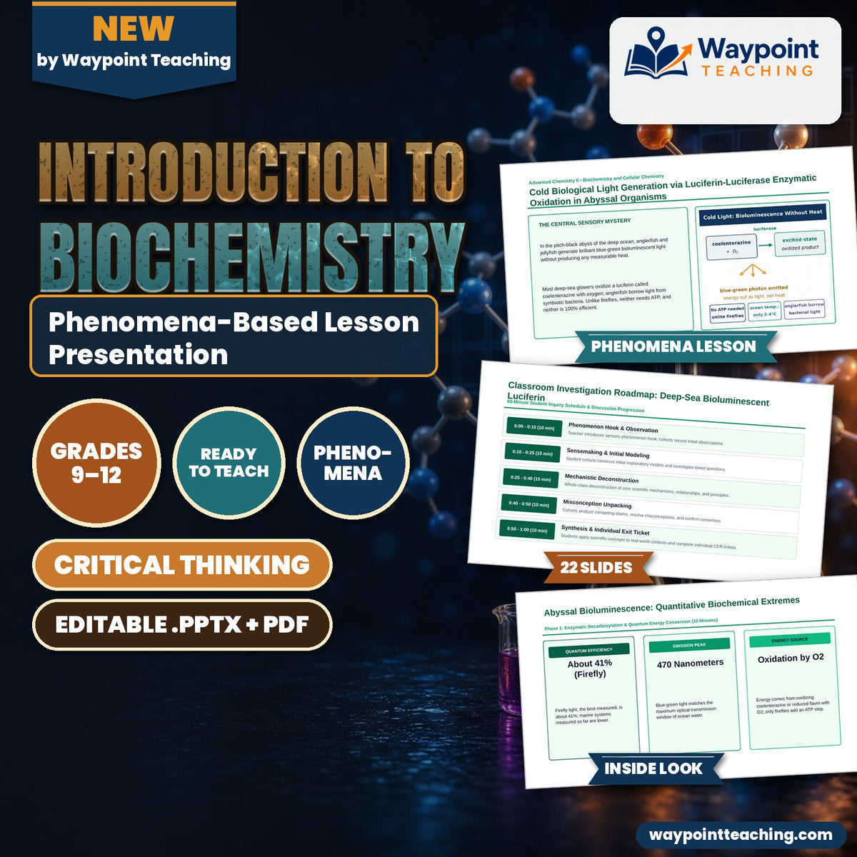 Introduction to Biochemistry Phenomena-Based Lesson: Cold Biological Light Generation via Luciferin-Luciferase Enzymatic Oxidation in Abyssal Organisms Presentation cover