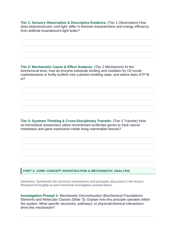 Introduction to Biochemistry Phenomena-Based Lesson: Cold Biological Light Generation via Luciferin-Luciferase Enzymatic Oxidation in Abyssal Organisms Student Response Sheet sample page