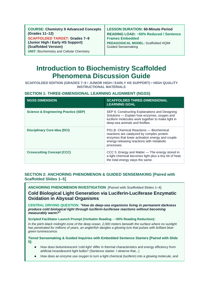 Introduction to Biochemistry Scaffolded Phenomena-Based Lesson: Cold Biological Light Generation via Luciferin-Luciferase Enzymatic Oxidation in Abyssal Organisms Teacher Discussion Guide sample page
