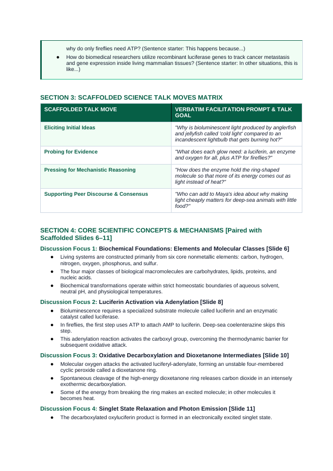 Introduction to Biochemistry Scaffolded Phenomena-Based Lesson: Cold Biological Light Generation via Luciferin-Luciferase Enzymatic Oxidation in Abyssal Organisms Teacher Discussion Guide sample page