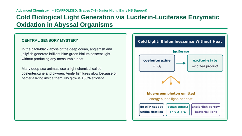 Introduction to Biochemistry Scaffolded Phenomena-Based Lesson: Cold Biological Light Generation via Luciferin-Luciferase Enzymatic Oxidation in Abyssal Organisms Presentation sample page