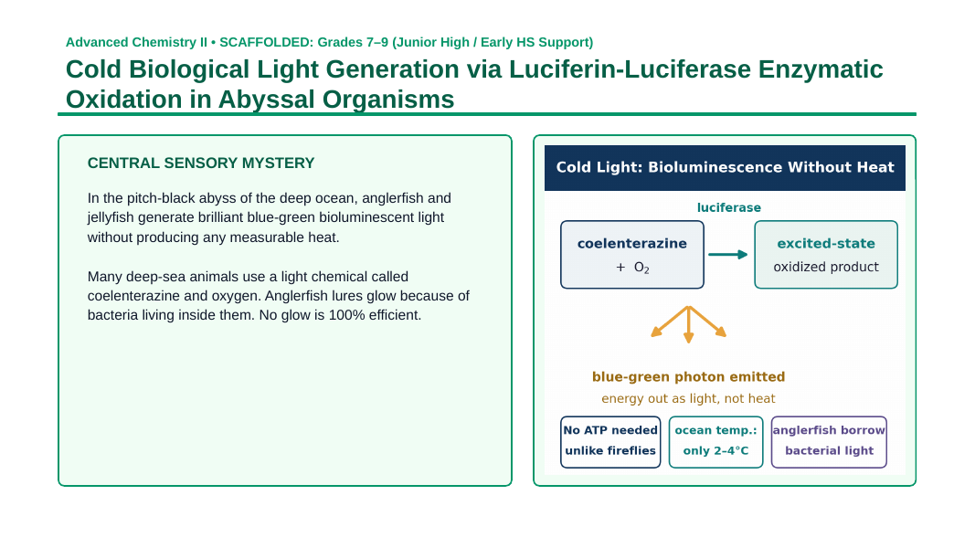Introduction to Biochemistry Scaffolded Phenomena-Based Lesson: Cold Biological Light Generation via Luciferin-Luciferase Enzymatic Oxidation in Abyssal Organisms Presentation sample page