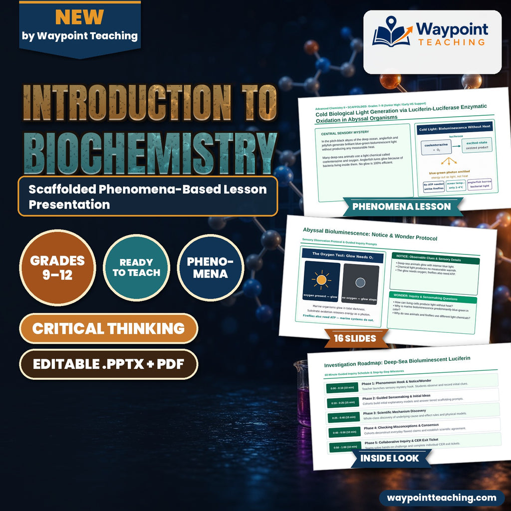 Introduction to Biochemistry Scaffolded Phenomena-Based Lesson: Cold Biological Light Generation via Luciferin-Luciferase Enzymatic Oxidation in Abyssal Organisms Presentation cover