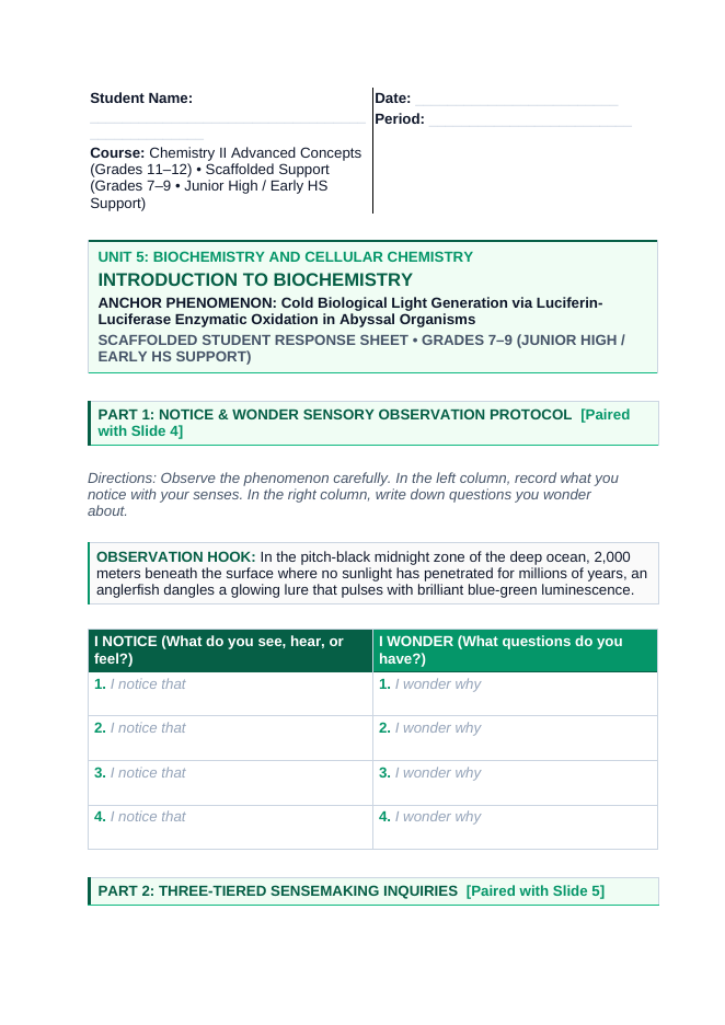 Introduction to Biochemistry Scaffolded Phenomena-Based Lesson: Cold Biological Light Generation via Luciferin-Luciferase Enzymatic Oxidation in Abyssal Organisms Student Response Sheet sample page