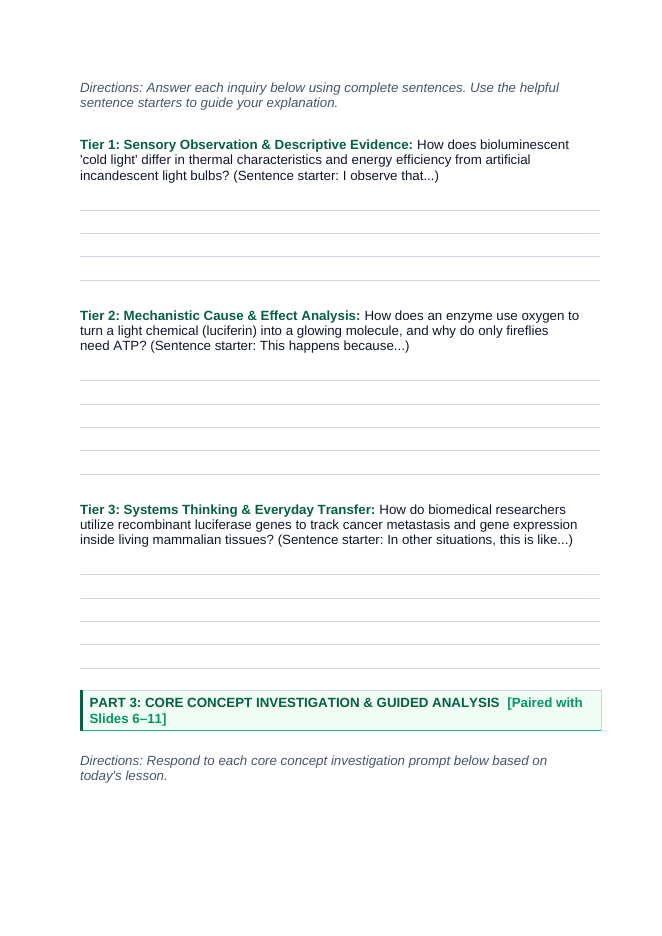 Introduction to Biochemistry Scaffolded Phenomena-Based Lesson: Cold Biological Light Generation via Luciferin-Luciferase Enzymatic Oxidation in Abyssal Organisms Student Response Sheet sample page