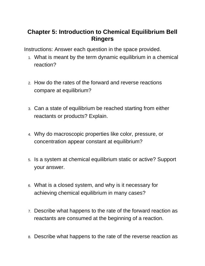 Introduction to Chemical Equilibrium Bell Ringers & Exit Tickets sample page