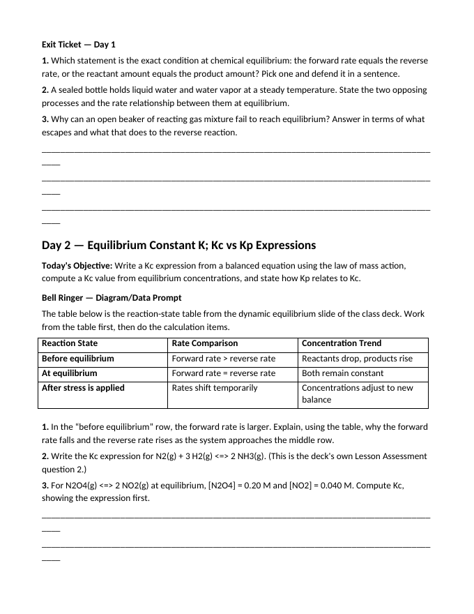 Introduction to Chemical Equilibrium Bell Ringers & Exit Tickets sample page