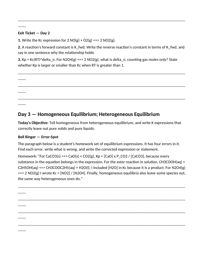 Introduction to Chemical Equilibrium Bell Ringers & Exit Tickets sample page