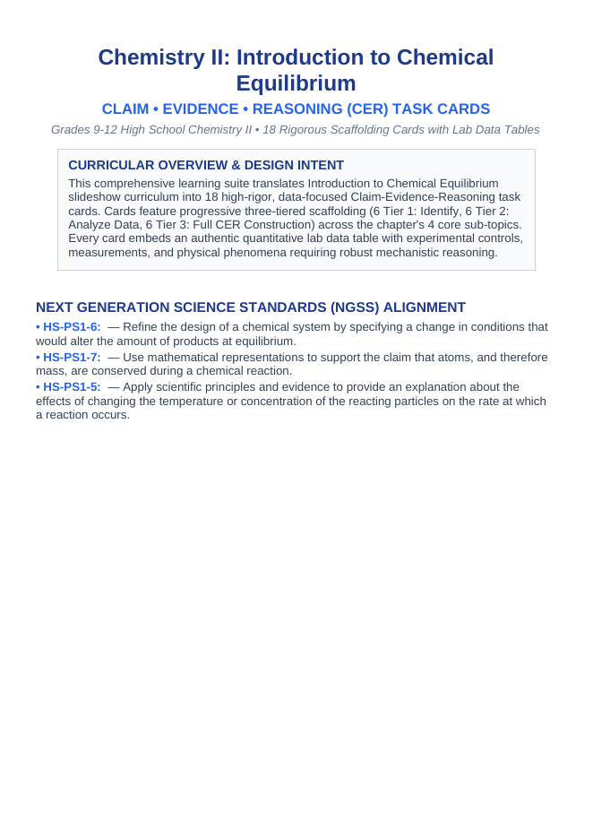 Introduction to Chemical Equilibrium CER Task Cards sample page