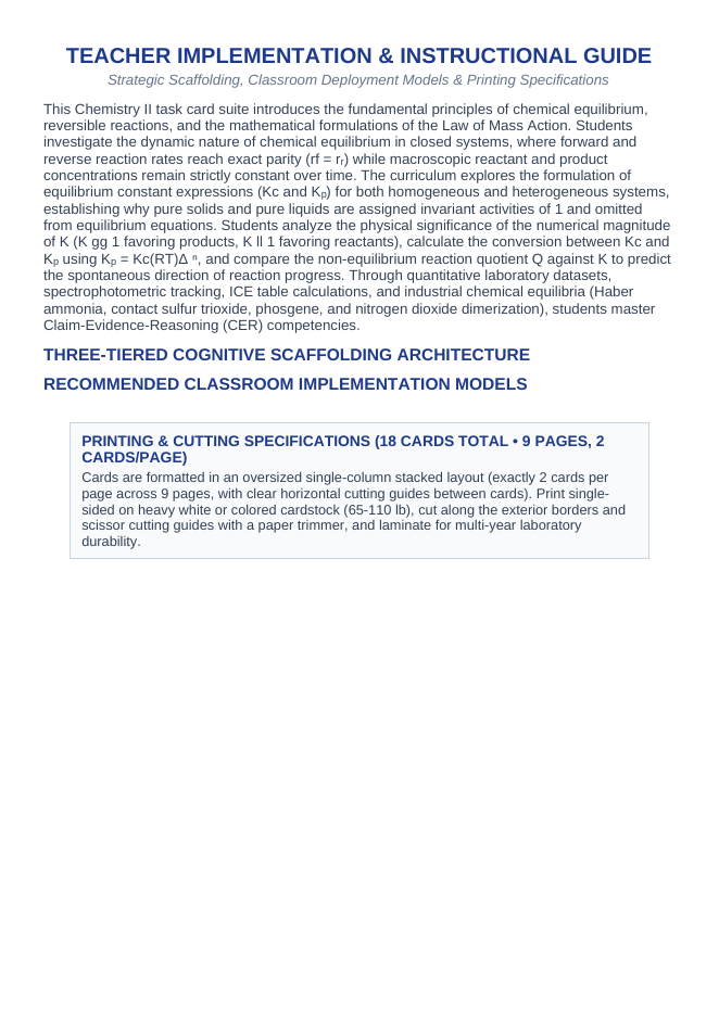 Introduction to Chemical Equilibrium CER Task Cards sample page