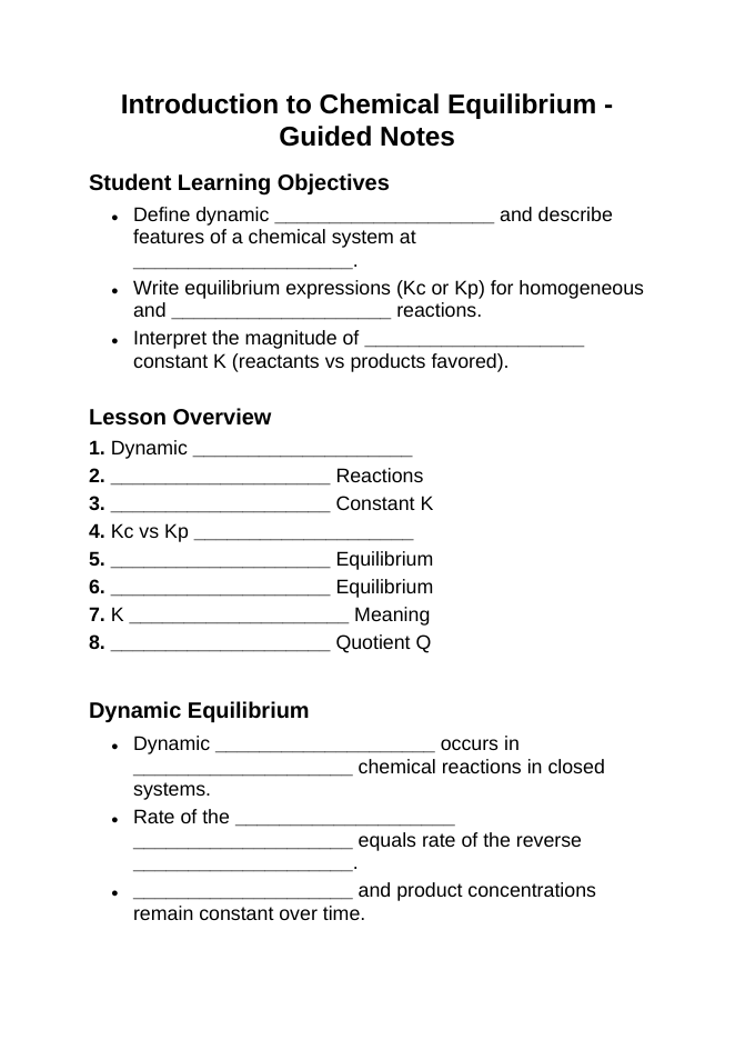 Introduction to Chemical Equilibrium Guided Notes sample page
