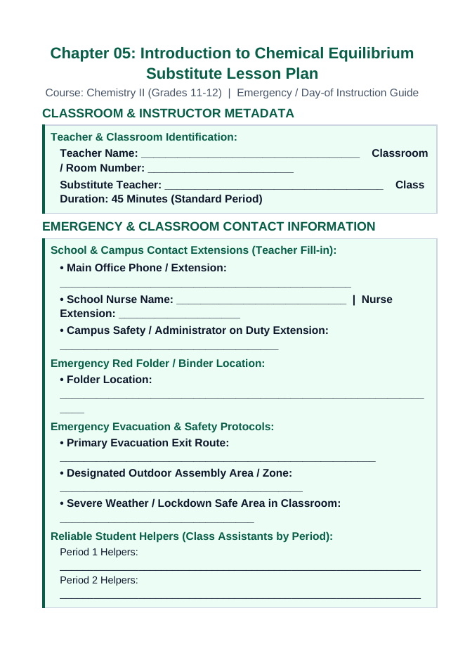 Introduction to Chemical Equilibrium Substitute Lesson Plan sample page