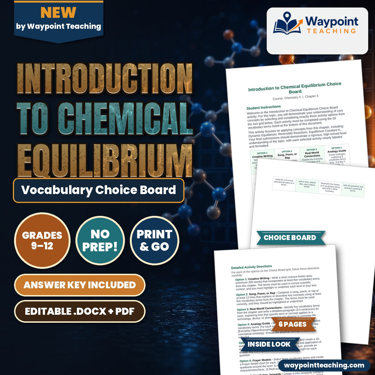 Introduction to Chemical Equilibrium Vocabulary Choice Board cover