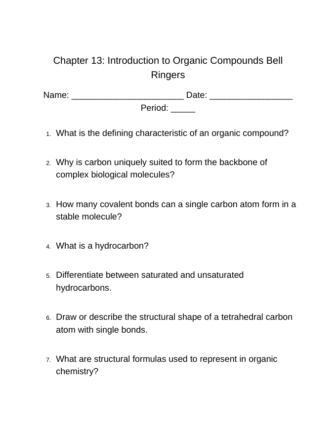 Introduction to Organic Compounds Bell Ringers & Exit Tickets sample page