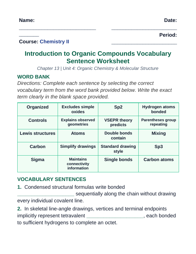 Introduction to Organic Compounds Fill-in-the-Blank Vocabulary Worksheet sample page