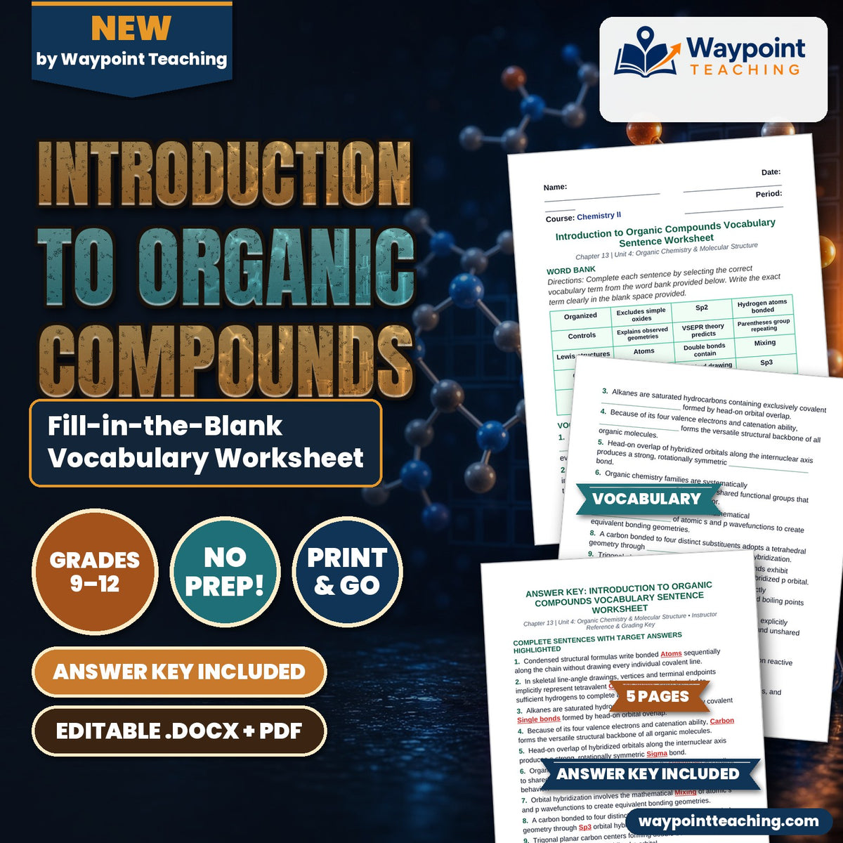 Introduction to Organic Compounds Fill-in-the-Blank Vocabulary Worksheet cover