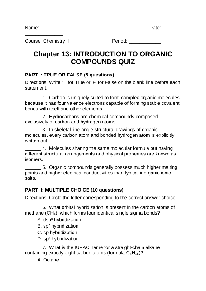 Introduction to Organic Compounds Lesson Quiz sample page