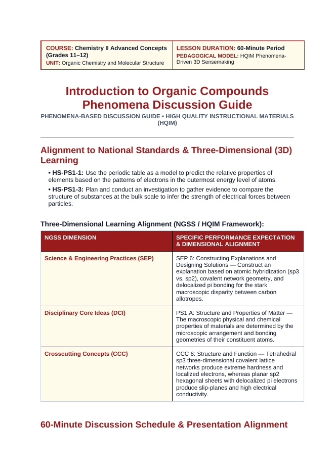 Introduction to Organic Compounds Phenomena-Based Lesson: Vast Hardness and Electrical Conductivity Disparity Between Pure Carbon Allotropes Diamond and Graphite Teacher Discussion Guide sample page