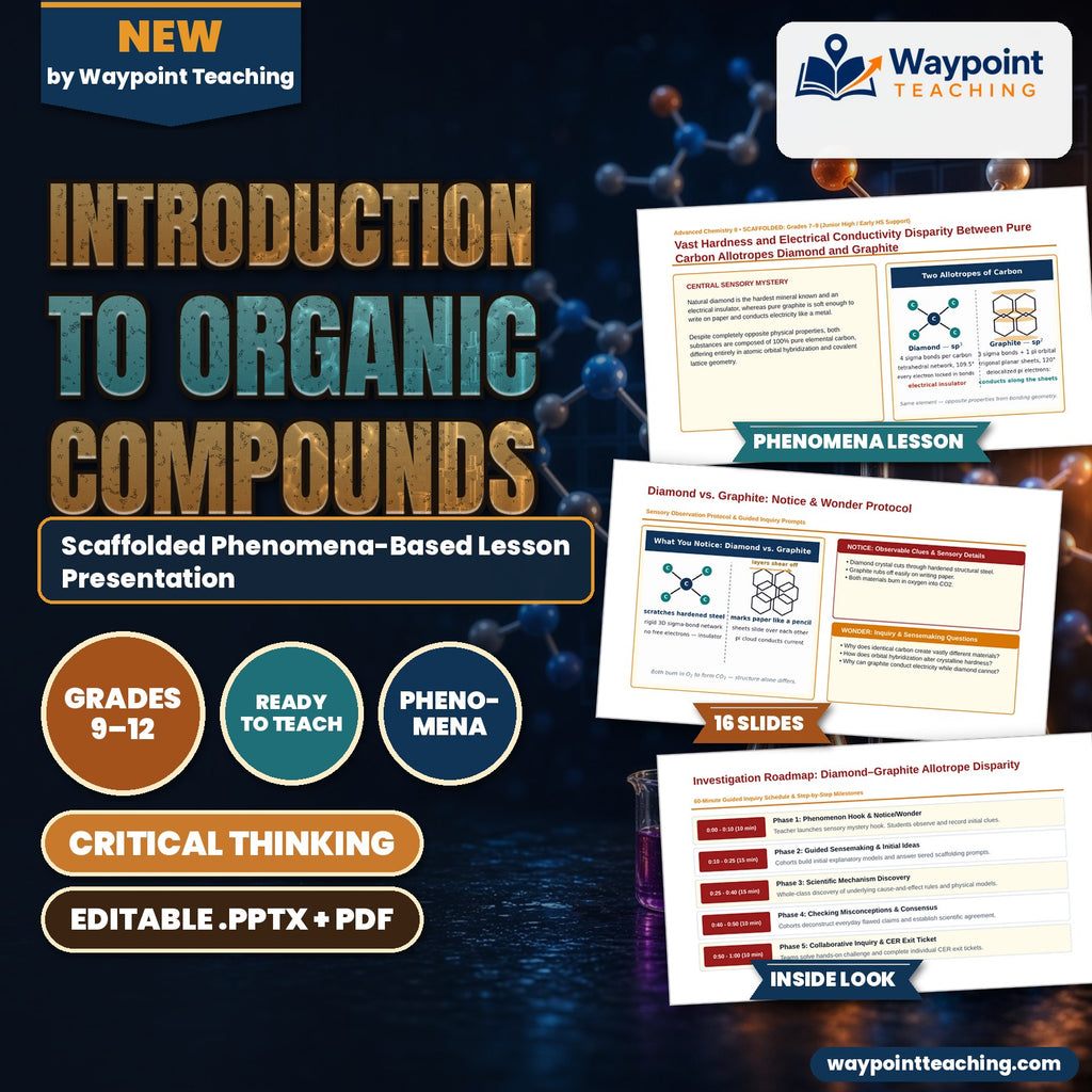 Introduction to Organic Compounds Scaffolded Phenomena-Based Lesson: Vast Hardness and Electrical Conductivity Disparity Between Pure Carbon Allotropes Diamond and Graphite Presentation cover