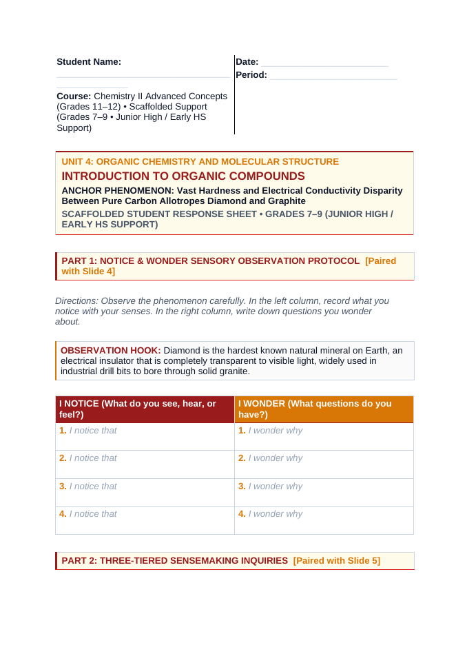 Introduction to Organic Compounds Scaffolded Phenomena-Based Lesson: Vast Hardness and Electrical Conductivity Disparity Between Pure Carbon Allotropes Diamond and Graphite Student Response Sheet sample page
