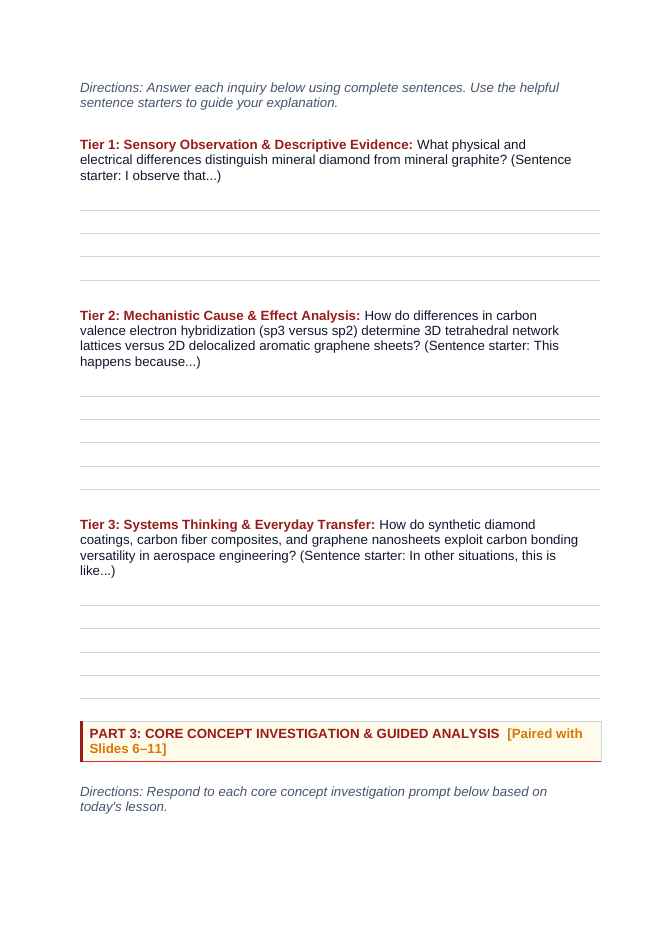 Introduction to Organic Compounds Scaffolded Phenomena-Based Lesson: Vast Hardness and Electrical Conductivity Disparity Between Pure Carbon Allotropes Diamond and Graphite Student Response Sheet sample page