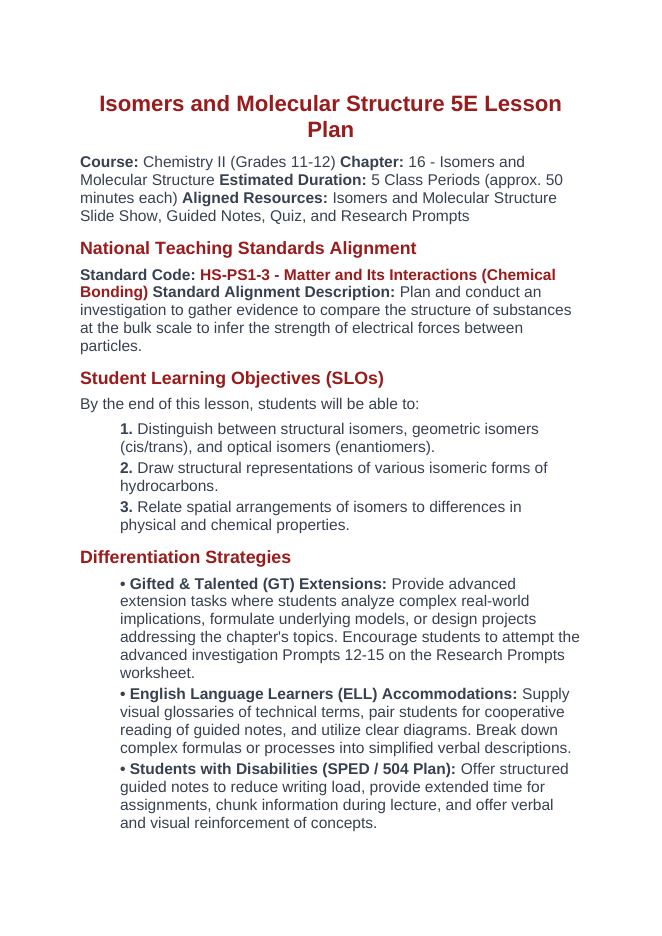 Isomers & Molecular Structure 5E Lesson Plan sample page