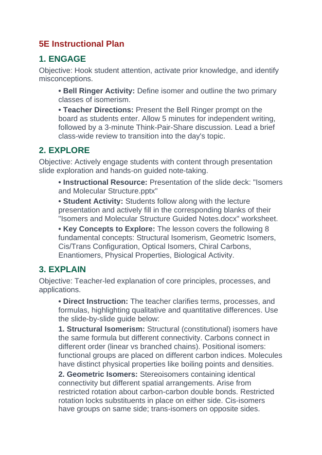 Isomers & Molecular Structure 5E Lesson Plan sample page