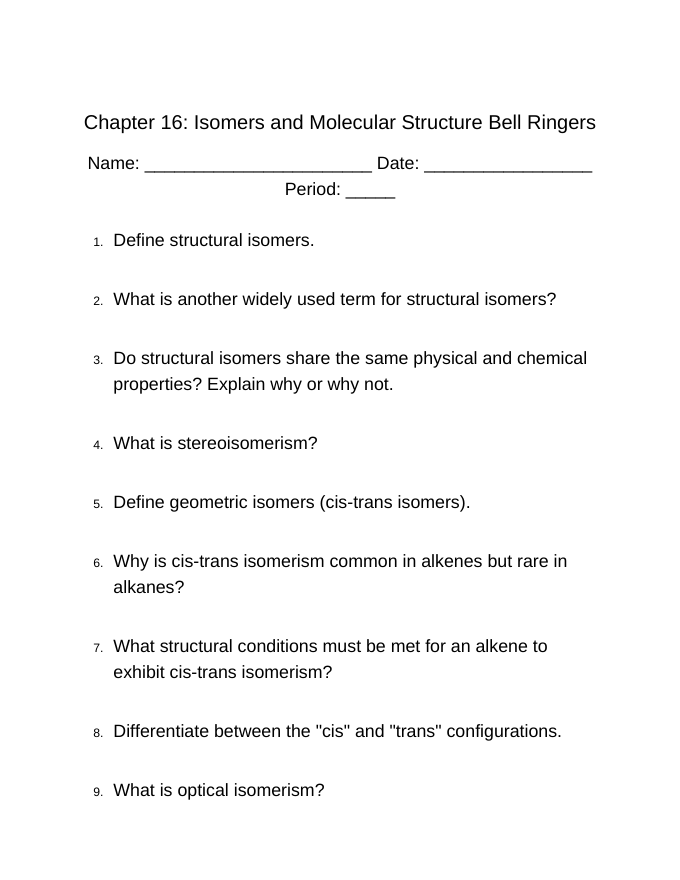 Isomers & Molecular Structure Bell Ringers & Exit Tickets sample page