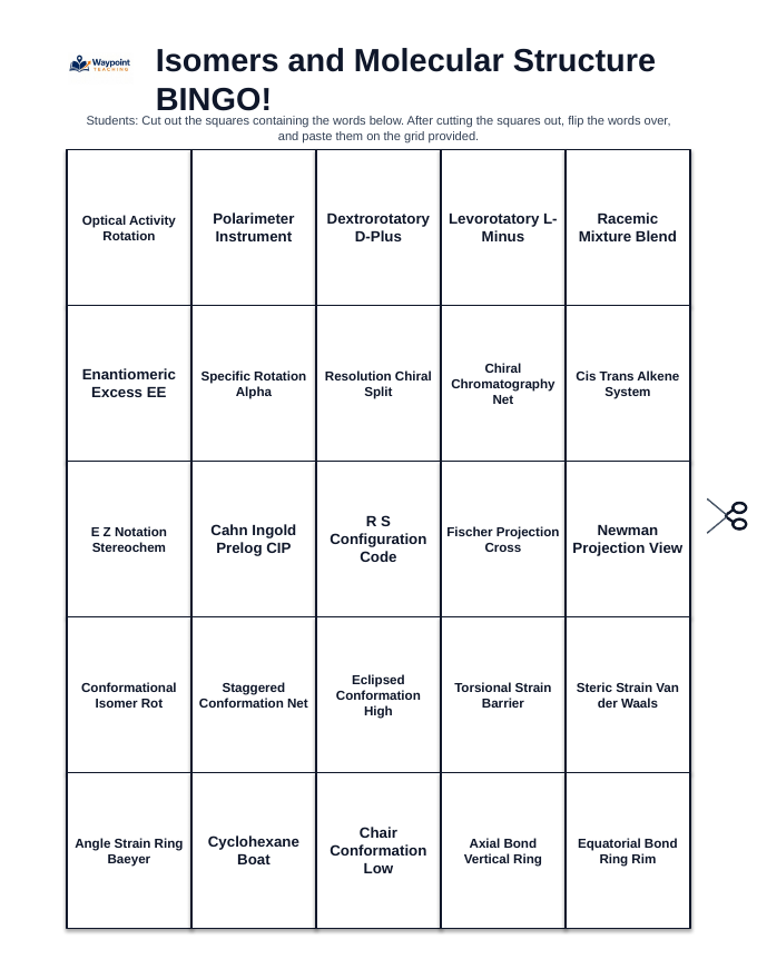 Isomers & Molecular Structure BINGO Review Game sample page