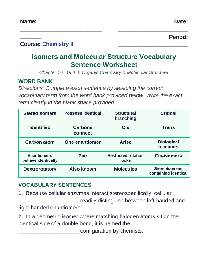 Isomers & Molecular Structure Fill-in-the-Blank Vocabulary Worksheet sample page