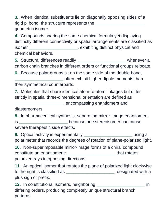 Isomers & Molecular Structure Fill-in-the-Blank Vocabulary Worksheet sample page