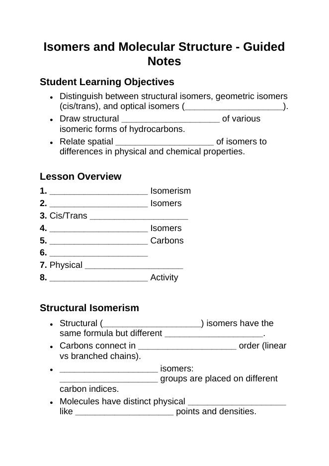 Isomers & Molecular Structure Guided Notes sample page