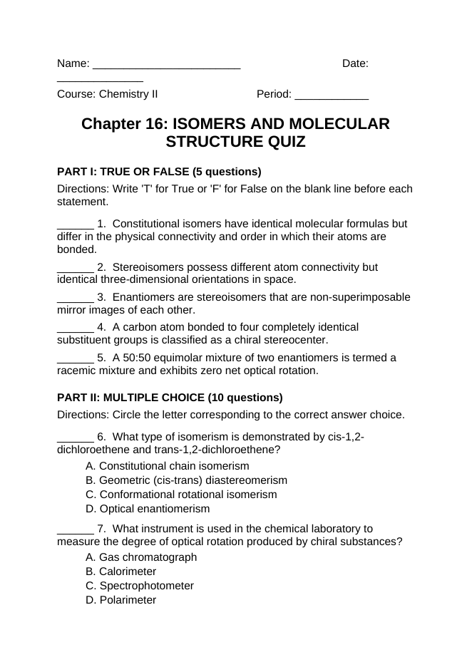 Isomers & Molecular Structure Lesson Quiz sample page