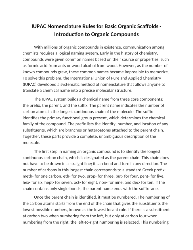 IUPAC Nomenclature Rules for Basic Organic Scaffolds Reading Worksheet sample page