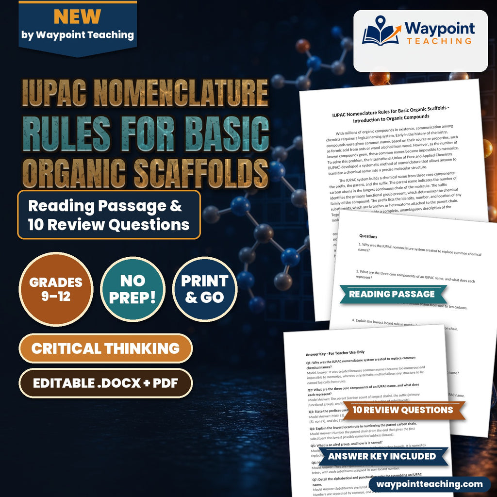 IUPAC Nomenclature Rules for Basic Organic Scaffolds Reading Worksheet cover