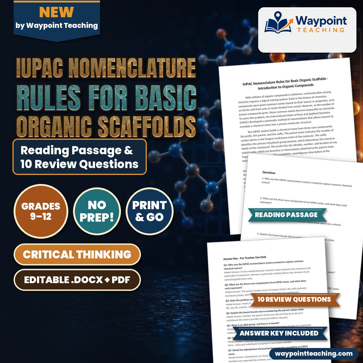IUPAC Nomenclature Rules for Basic Organic Scaffolds Reading Worksheet cover