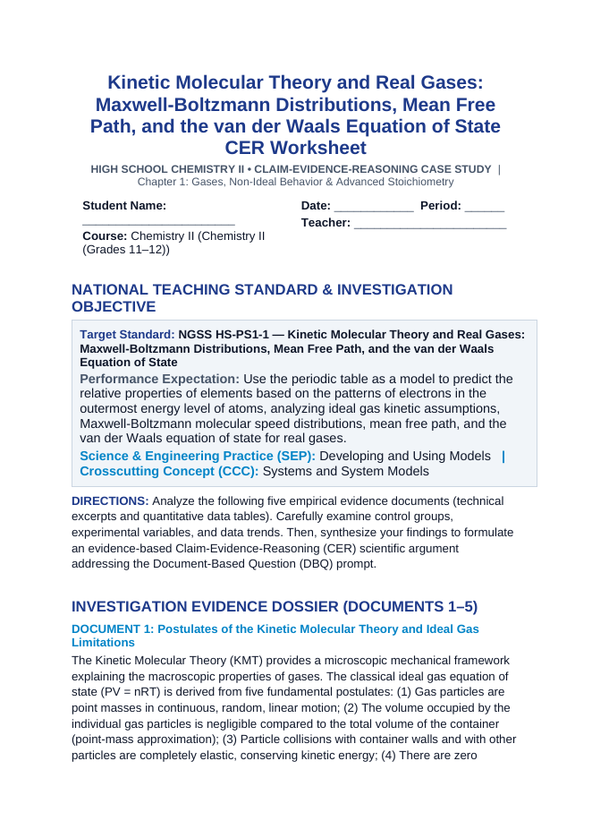Kinetic Molecular Theory and Real Gases: Maxwell-Boltzmann Distributions, Mean Free Path, and the van der Waals Equation of State CER Phenomena Worksheet sample page
