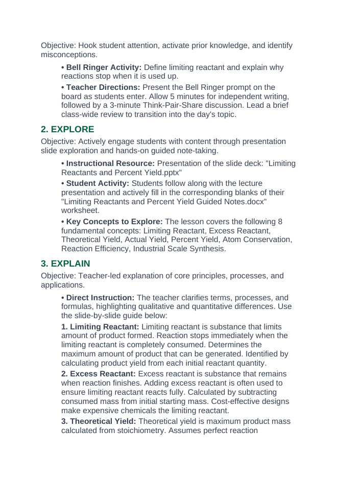 Limiting Reactants & Percent Yield 5E Lesson Plan sample page