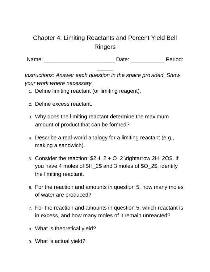 Limiting Reactants & Percent Yield Bell Ringers & Exit Tickets sample page