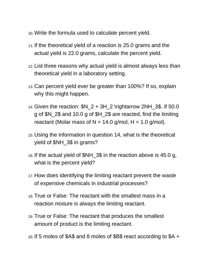 Limiting Reactants & Percent Yield Bell Ringers & Exit Tickets sample page