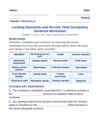 Limiting Reactants & Percent Yield Fill-in-the-Blank Vocabulary Worksheet sample page