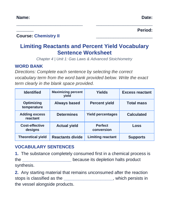 Limiting Reactants & Percent Yield Fill-in-the-Blank Vocabulary Worksheet sample page