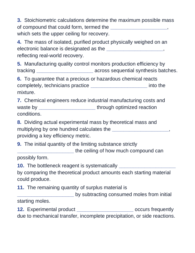 Limiting Reactants & Percent Yield Fill-in-the-Blank Vocabulary Worksheet sample page