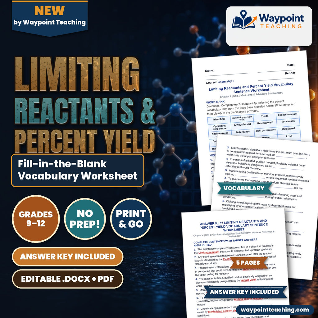 Limiting Reactants & Percent Yield Fill-in-the-Blank Vocabulary Worksheet cover